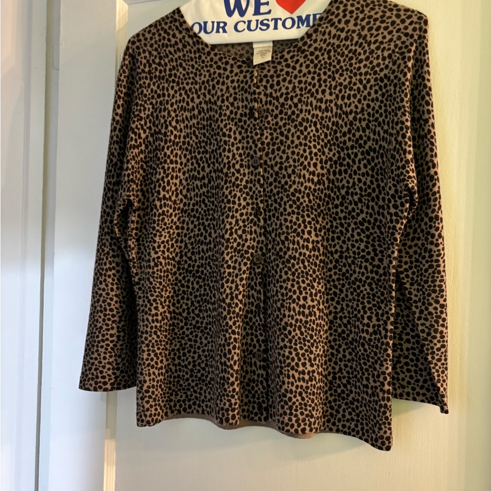 Garnet Hill merino wool leopard print 3/4 sleeve cardigan brown size medium
